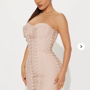 Fashion Nova Strapless Lace-Up Dress in Blush Nude Barbara Midi Dress adjustable